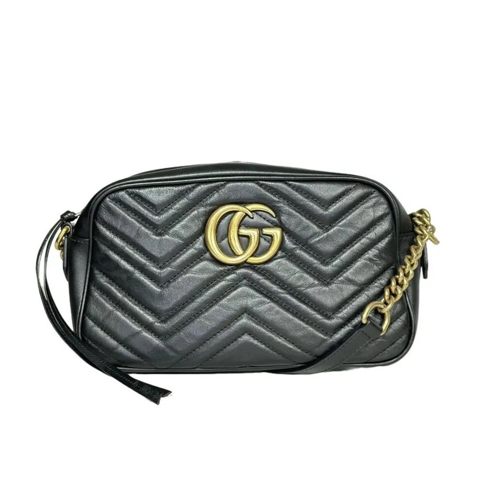 100% Authentic GUCCI GG Marmont Black Leather Shoulder Bag